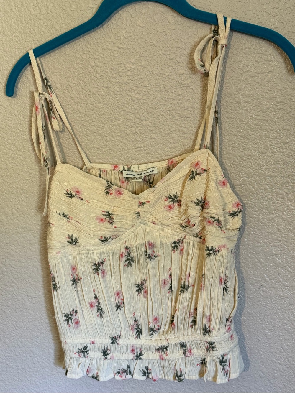 American Eagle Floral Cream Tie-Strap Cami Top